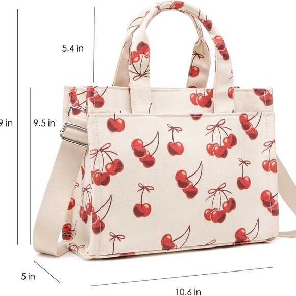 Lightweight Women's Cherry Print Canvas Crossbody Tote – Stylish & Functional - Picture 3 of 7